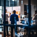 creative business meeting brainstorm ideas sharing team of marketing business staff standing discuss find a solution of problem for new project startup business ideas concept